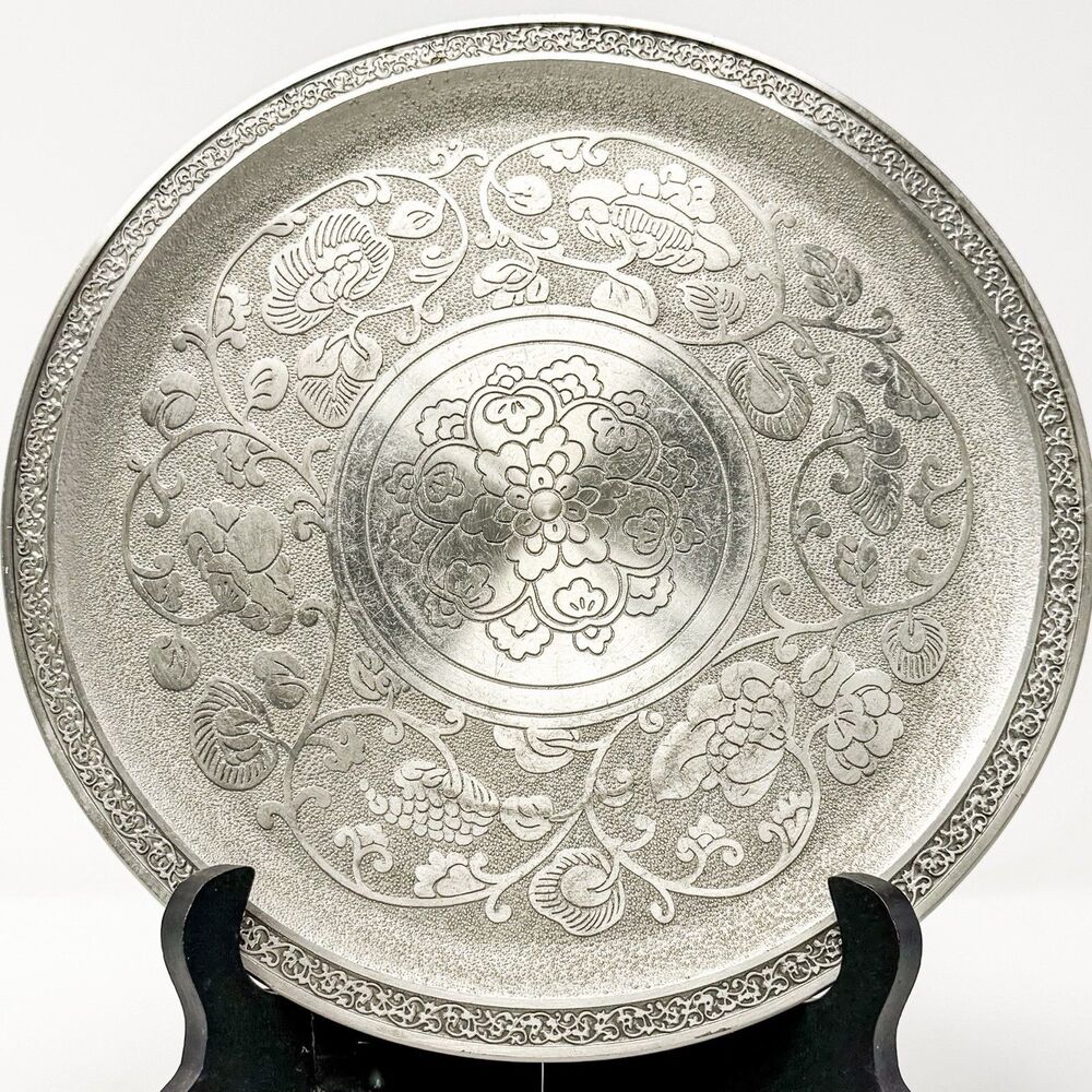 Vintage Oriental Pewter Thailand Floral Serving Tray Platter 9” Silver Tone
